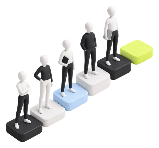 A team of figures on stepped tiles with one space free